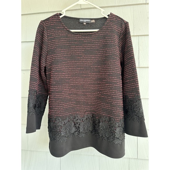 Karl Lagerfeld Tops - Karl Lagerfeld Paris‎ Black Red Knit Top Lace Trim Sweater Blouse Medium M